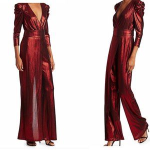 Retrofête Cooper Metallic V Neck Belted Shoulder Pad Jumpsuit